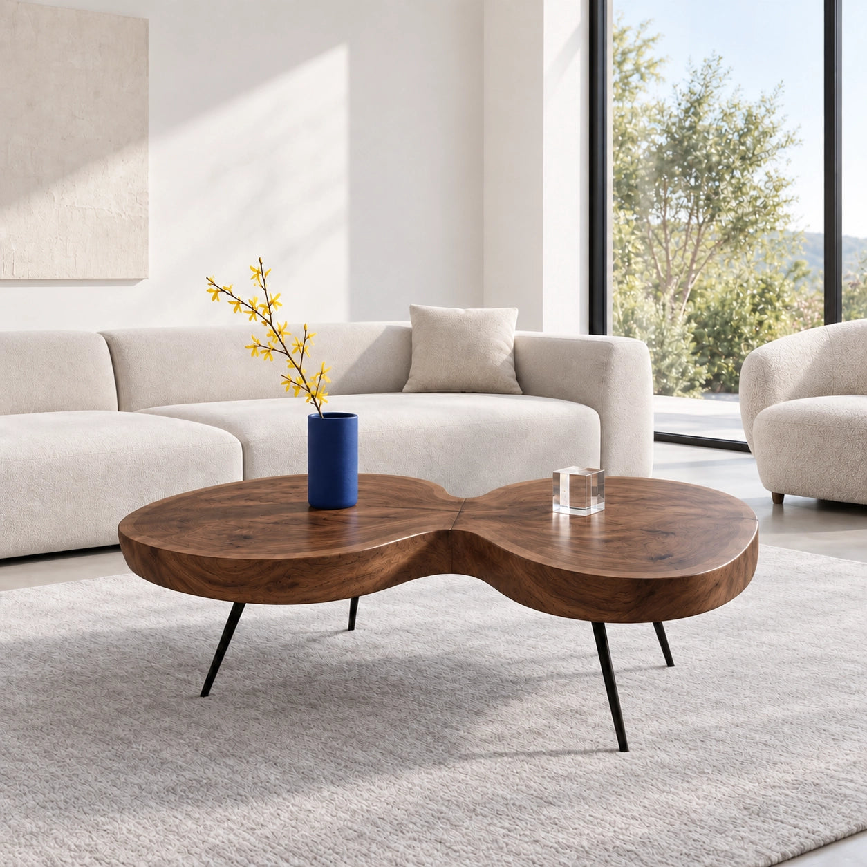 Biomorphic Coffee Table with Dual Curved Wooden Form in Natural Solid Wood - Woodenecho - 9