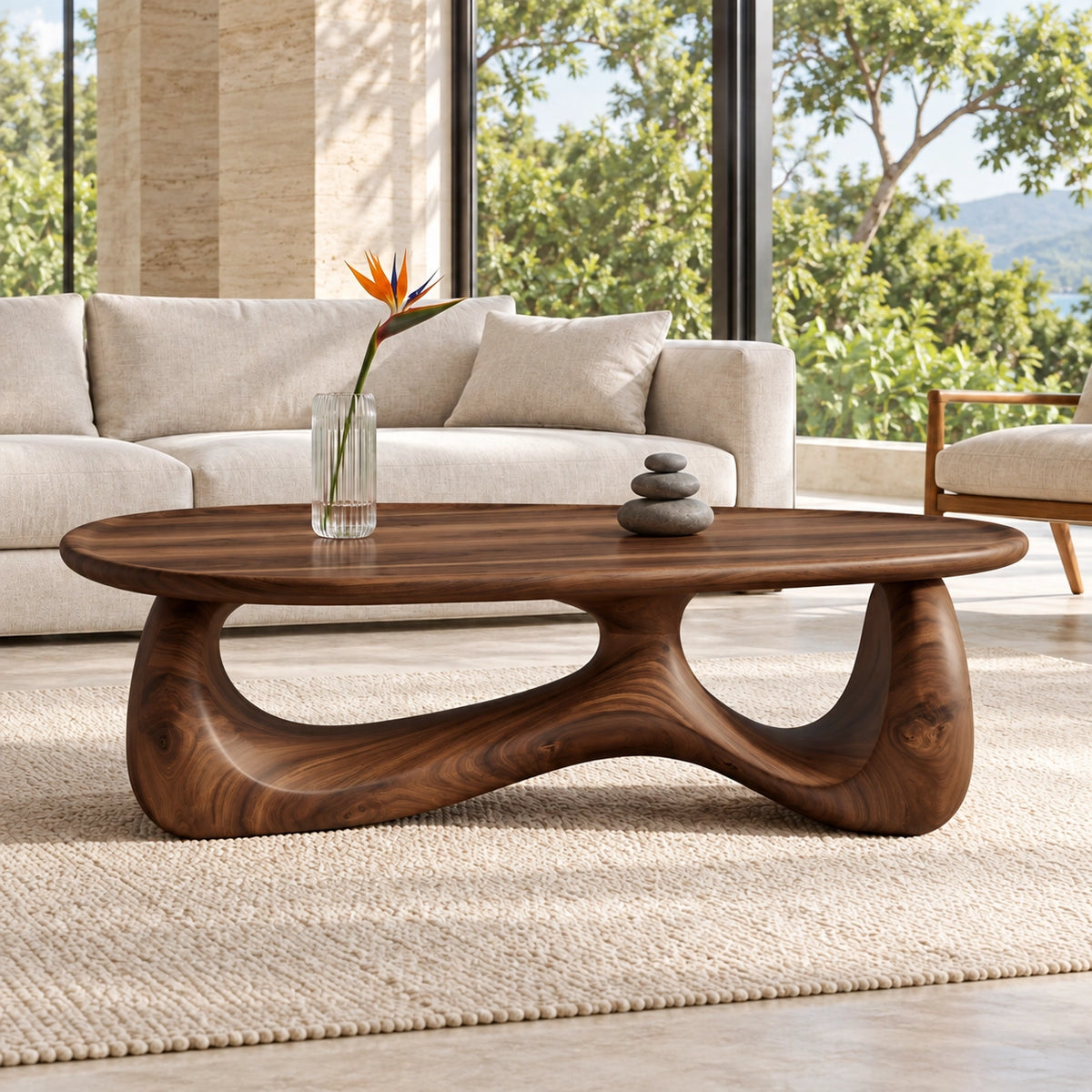 Biomorphic Coffee Table with Dual Curved Wooden Supports in Natural Solid Wood - Woodenecho - 9