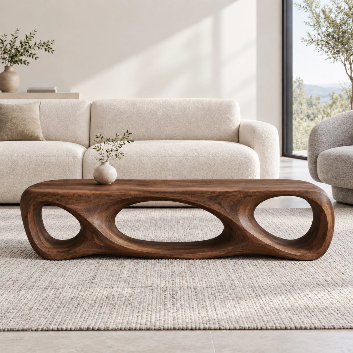 Biomorphic Coffee Table with Sculptural Oval Openings in Natural Solid Wood - Woodenecho - 9