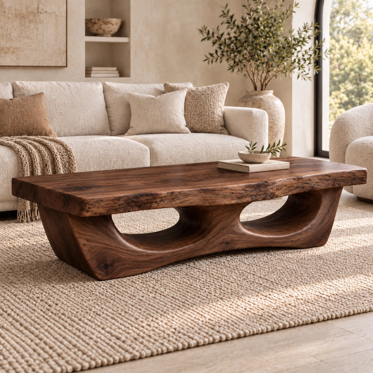 Coffee Table with Dual Curved Arch Base in Natural Solid Wood for Living - Woodenecho - 9