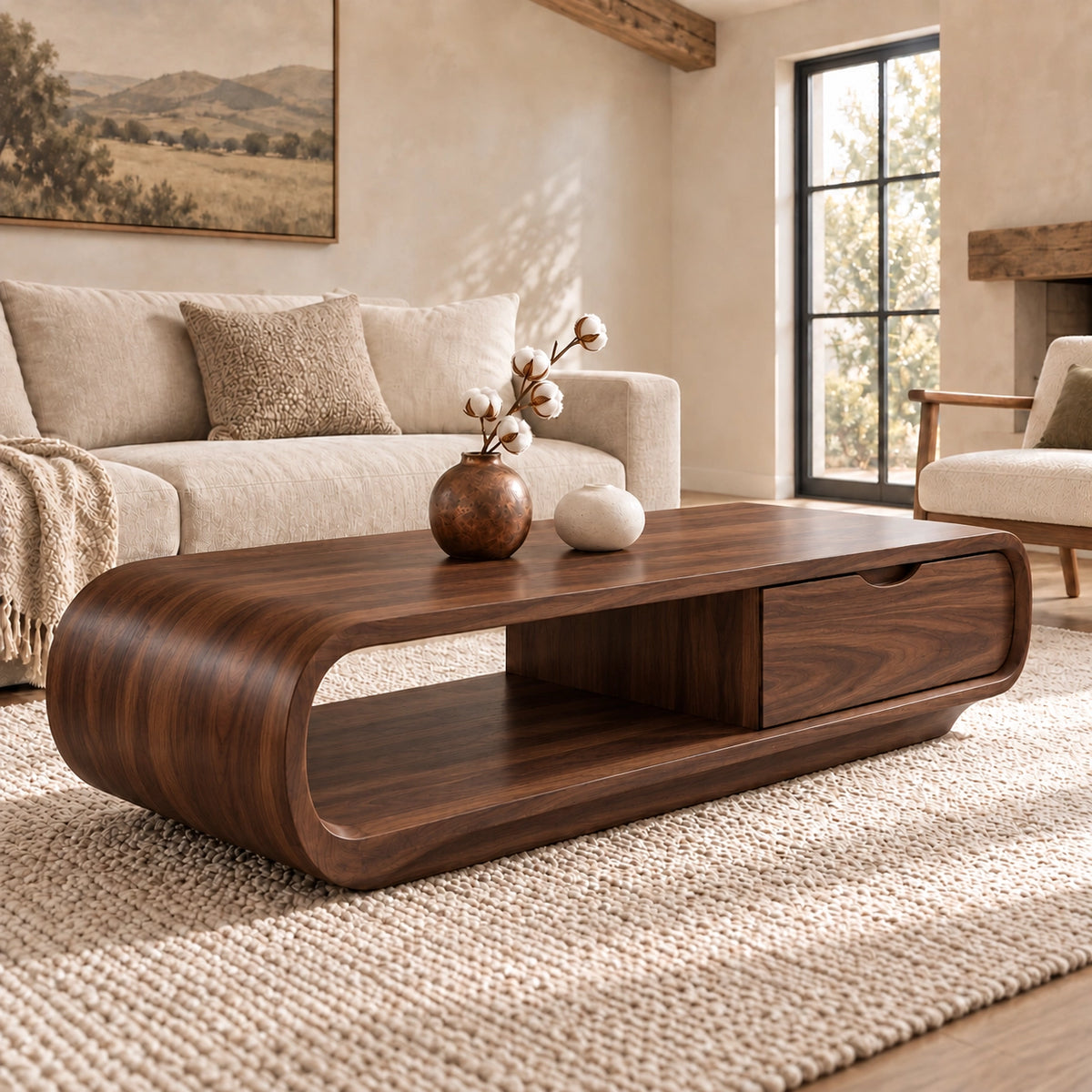 Coffee Table with Storage Drawer and Rounded Natural Solid Wood Base - Woodenecho - 9