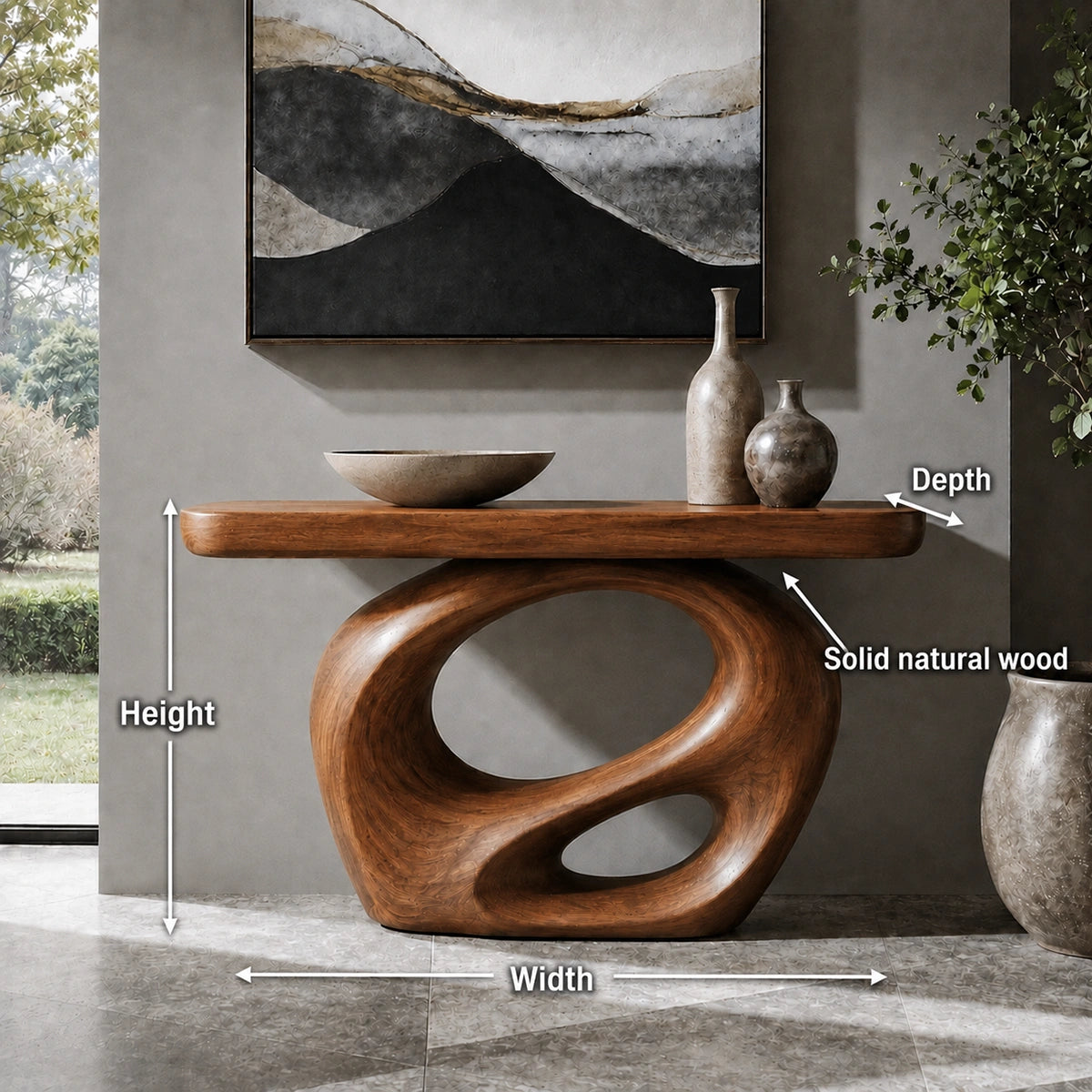 Console Table with Biomorphic Pedestal Base in Natural Solid Wood - Woodenecho - 5