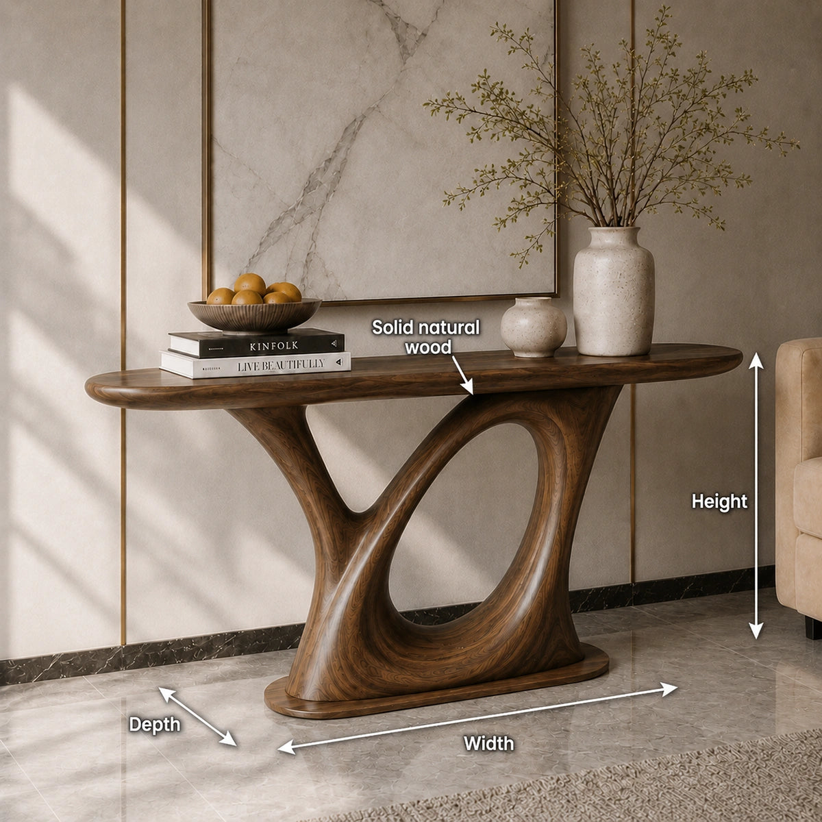 Console Table with Sculptural Loop Base in Natural Solid Wood for Entryways - Woodenecho - 5