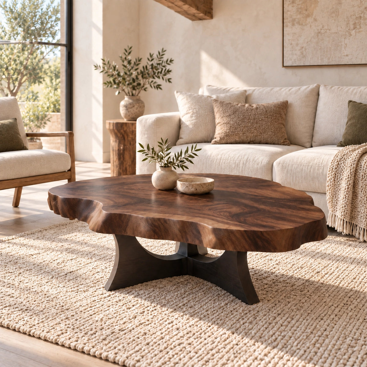 Live-Edge Coffee Table with Sculptural Cross Base in Natural Solid Wood - Woodenecho - 9