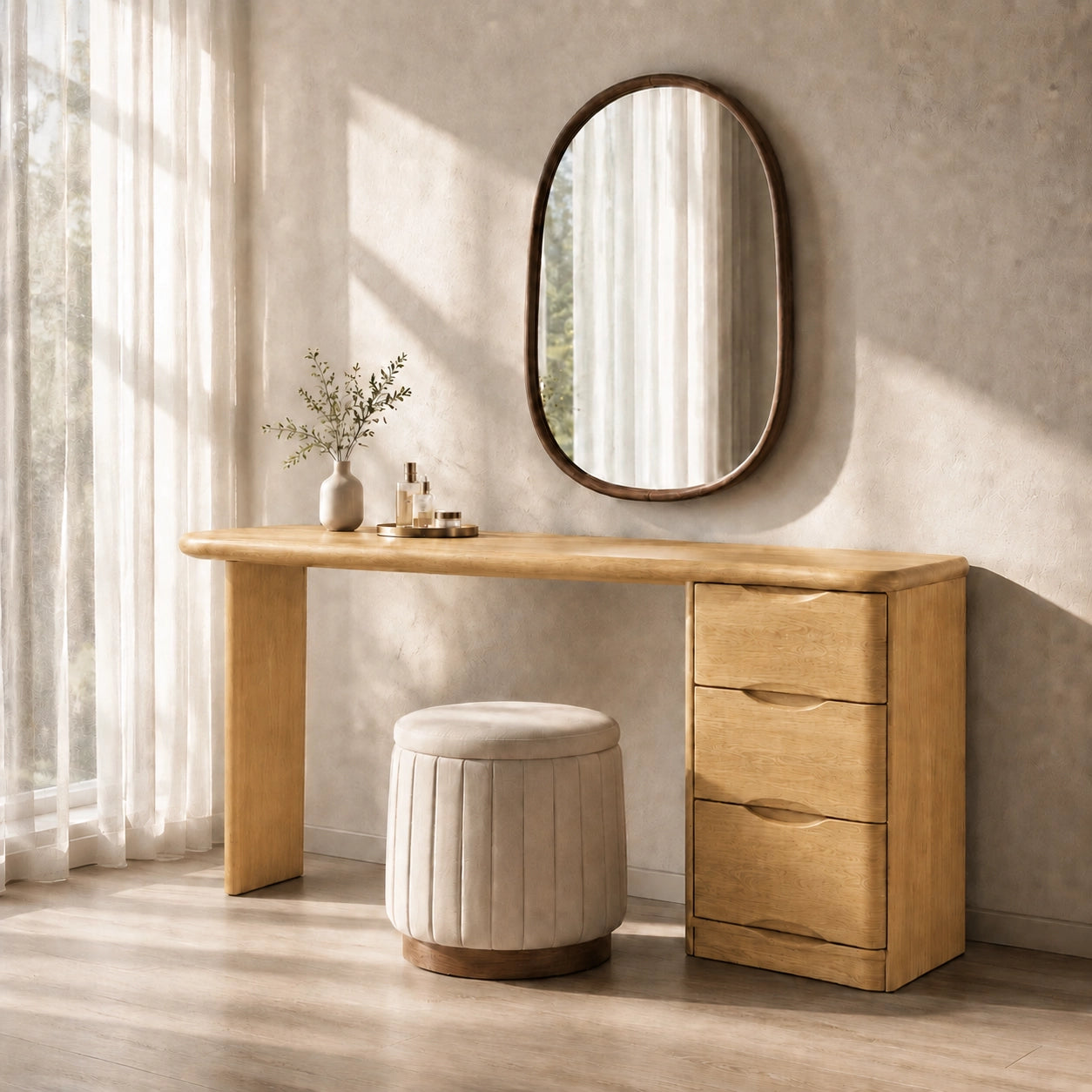 Makeup Vanity with Three-Drawer Storage in Natural Solid Wood for Bedrooms - Woodenecho - 4