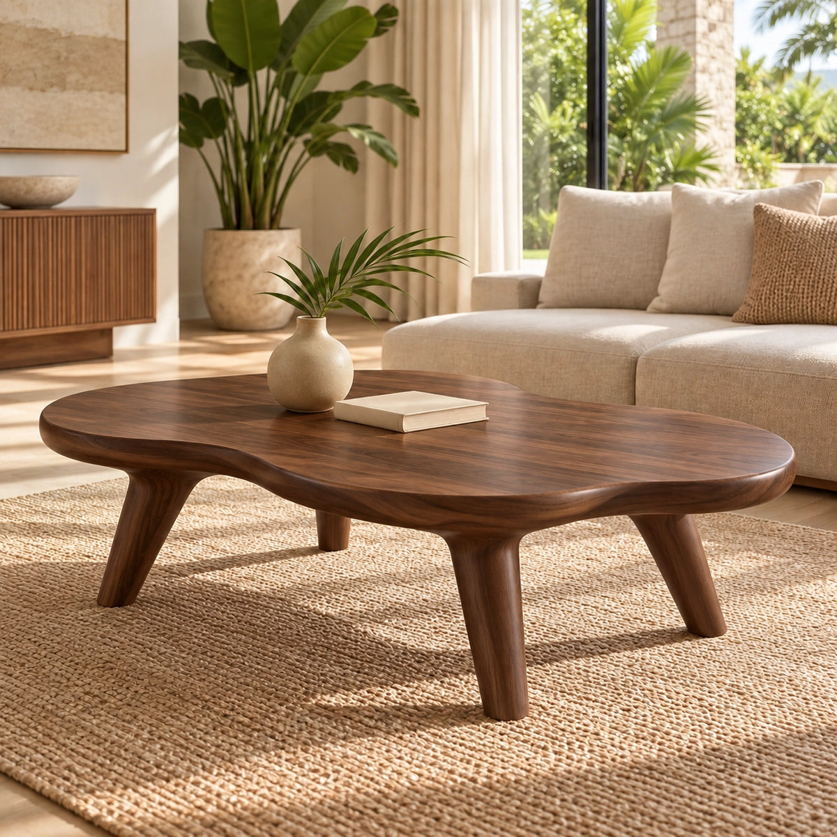 Organic Coffee Table with Rounded Solid Wood Legs in Natural Wood - Woodenecho - 9