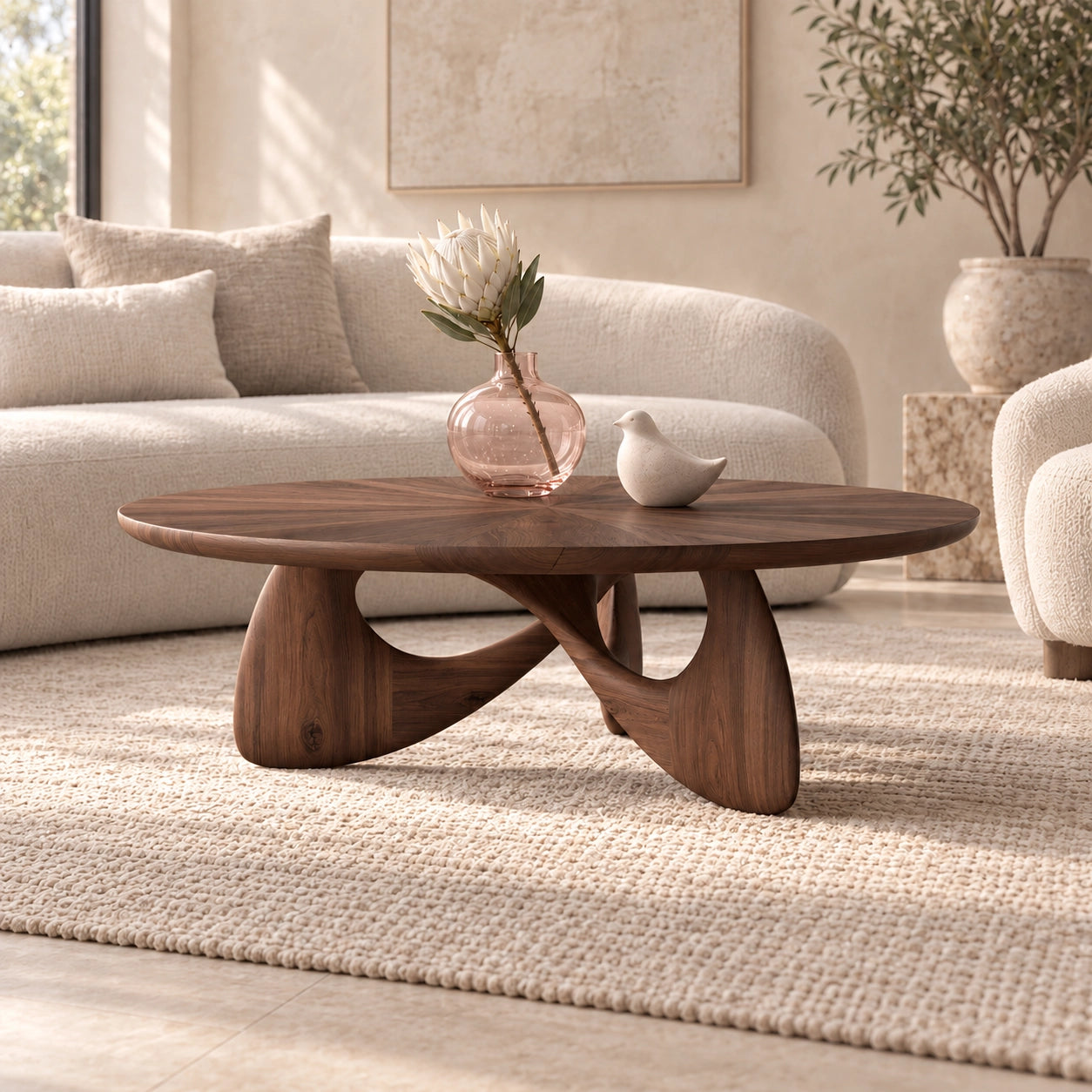 Oval Coffee Table with Sculptural Curved Wooden Base in Natural Solid Wood - Woodenecho - 9