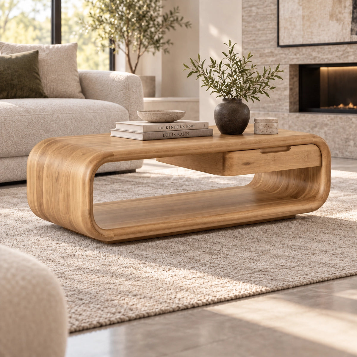 Rounded Coffee Table with Storage Drawer in Natural Solid Wood - Woodenecho - 9