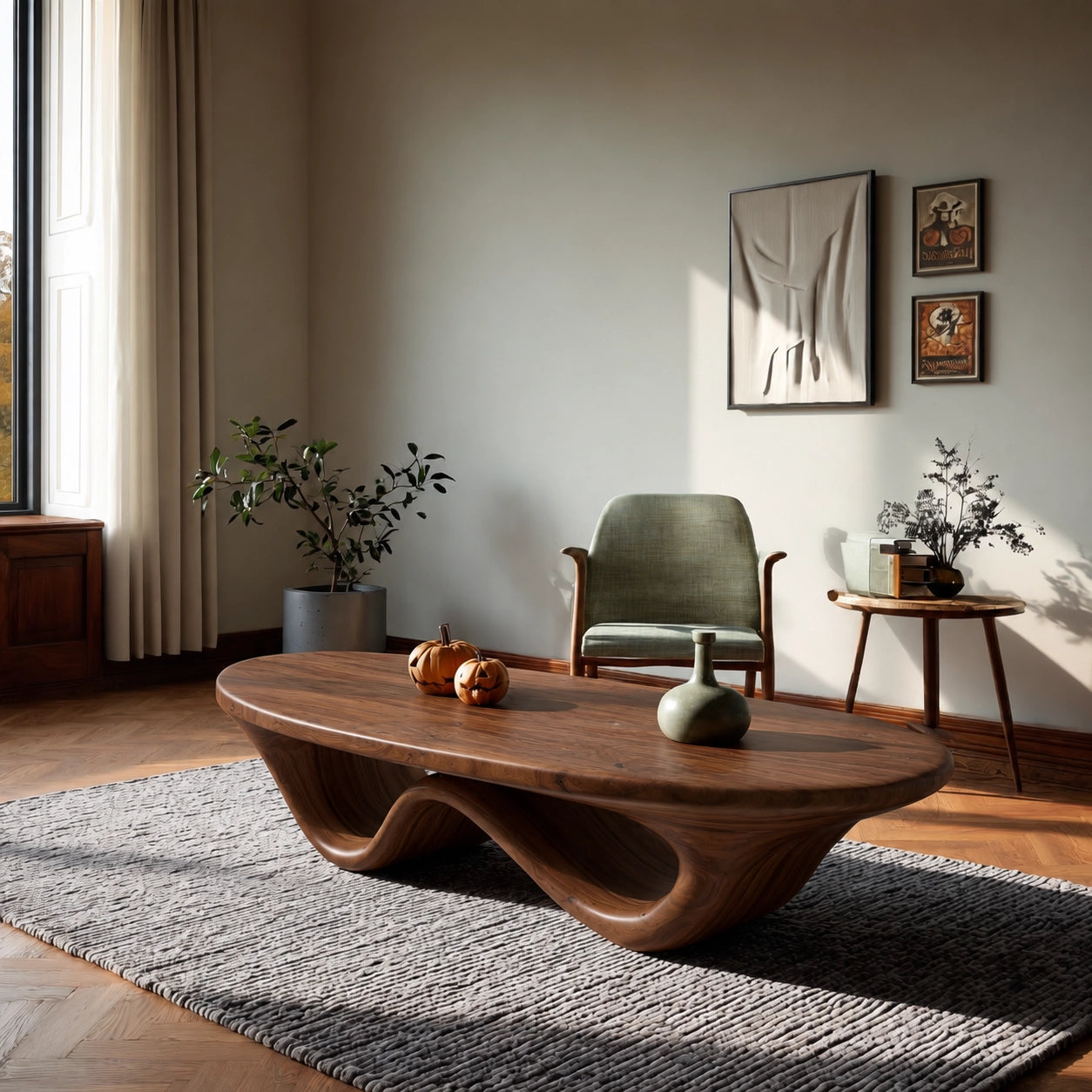 Sculptural Coffee Table with Dual Curved Wooden Base in Natural Solid Wood - Woodenecho - 8