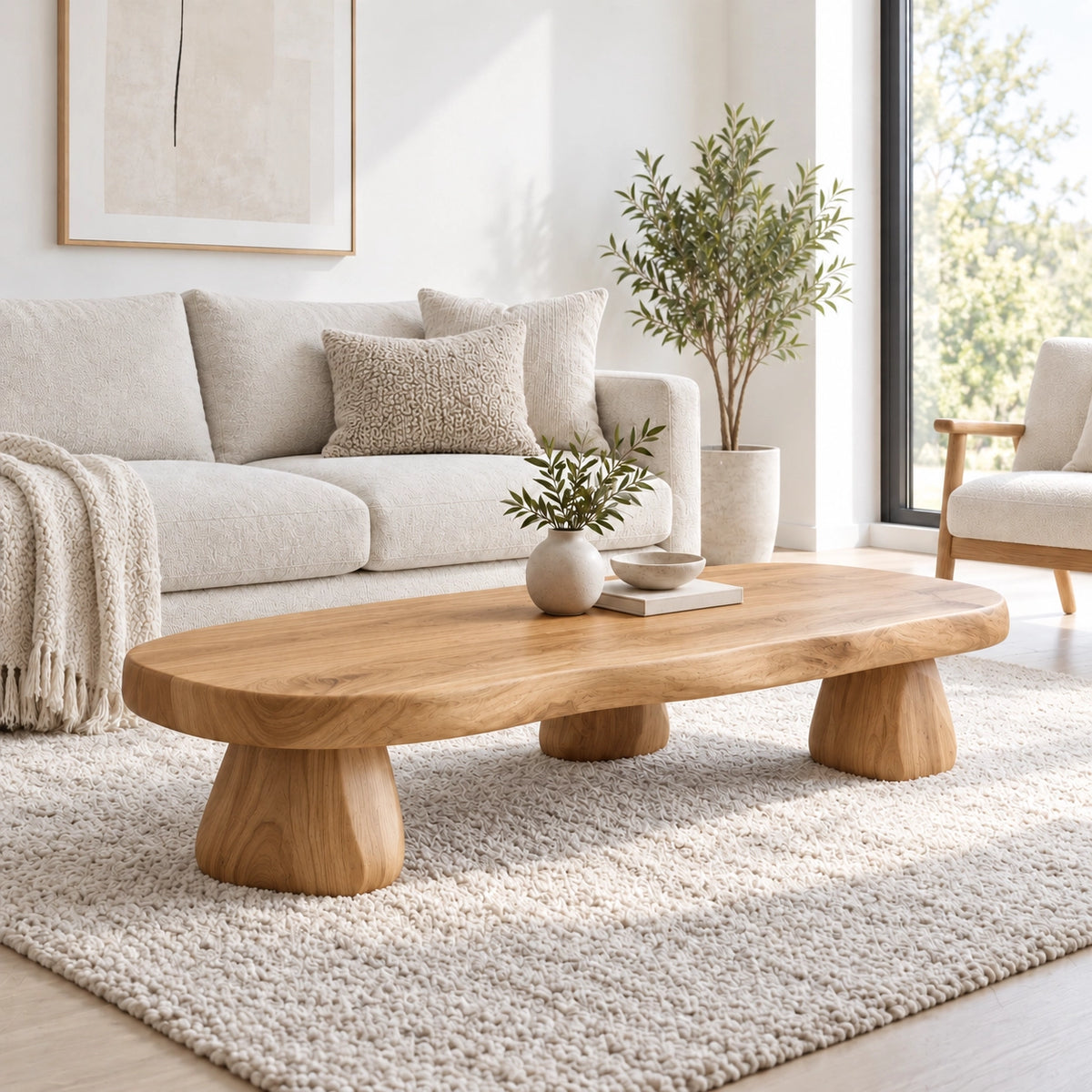 Sculptural Coffee Table with Rounded Pedestal Base in Natural Solid Wood - Woodenecho - 9