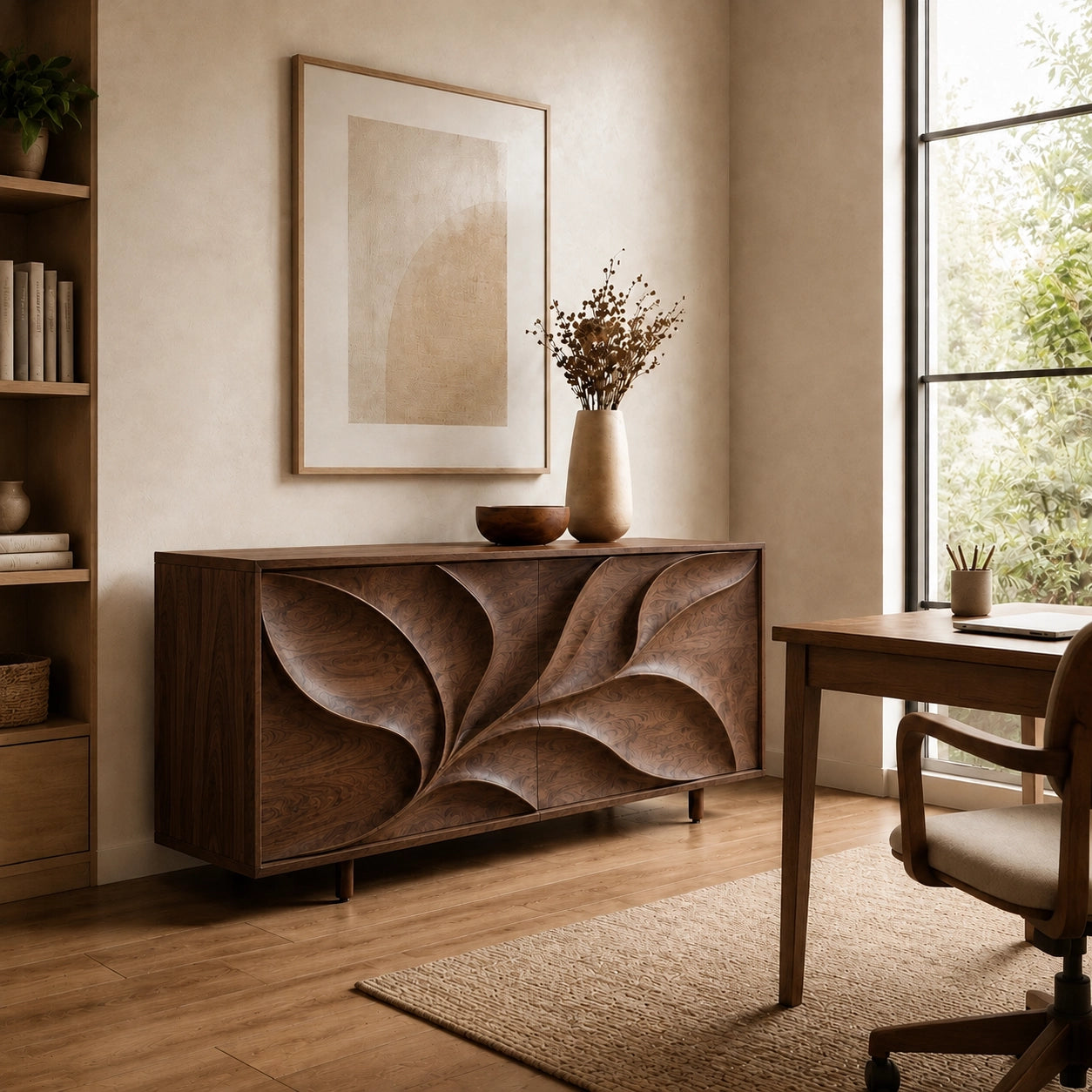 Sideboard with Leaf-Carved Cabinet Doors in Natural Solid Wood Storage - Woodenecho - 2