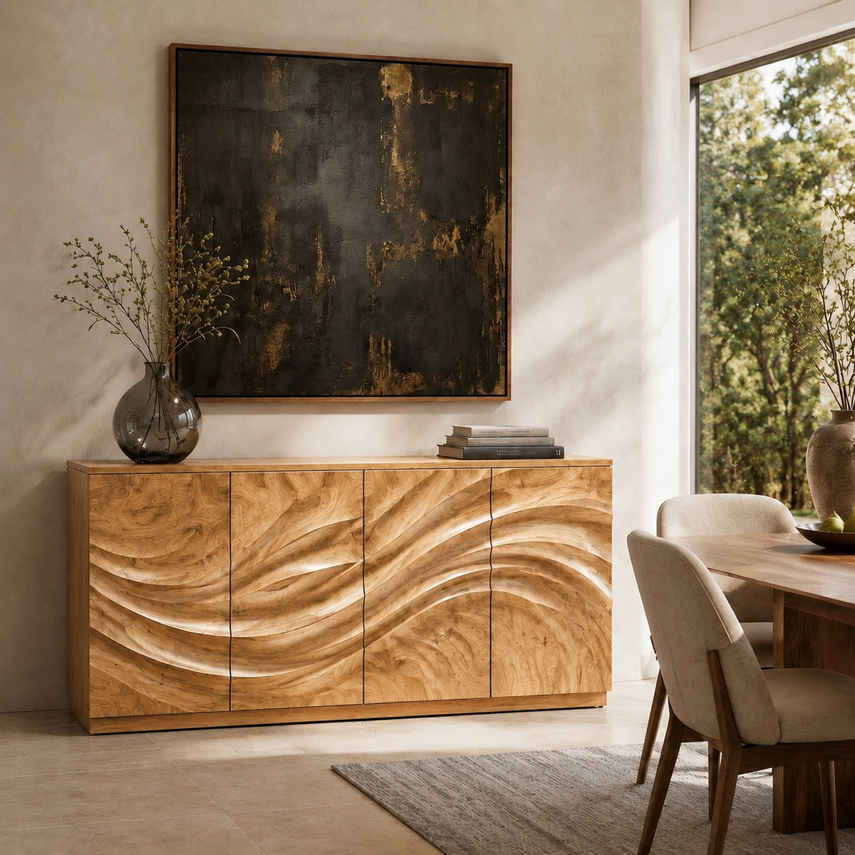 Sideboard with Wave-Carved Cabinet Doors in Natural Solid Wood - Woodenecho - 4
