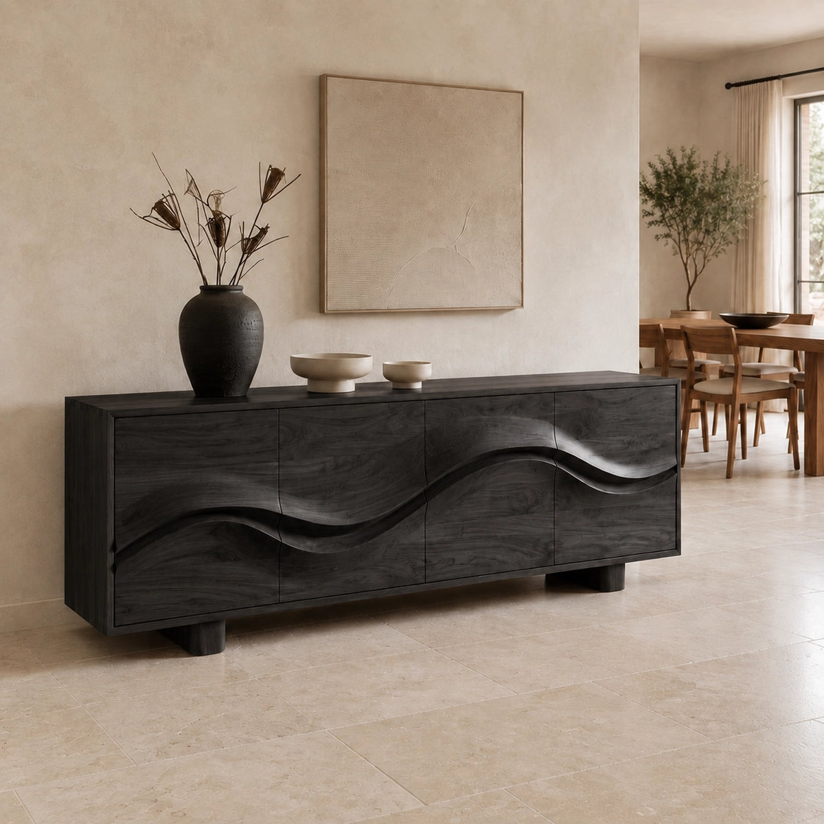 Sideboard with Wave-Carved Doors in Natural Solid Wood for Dining - Woodenecho - 4