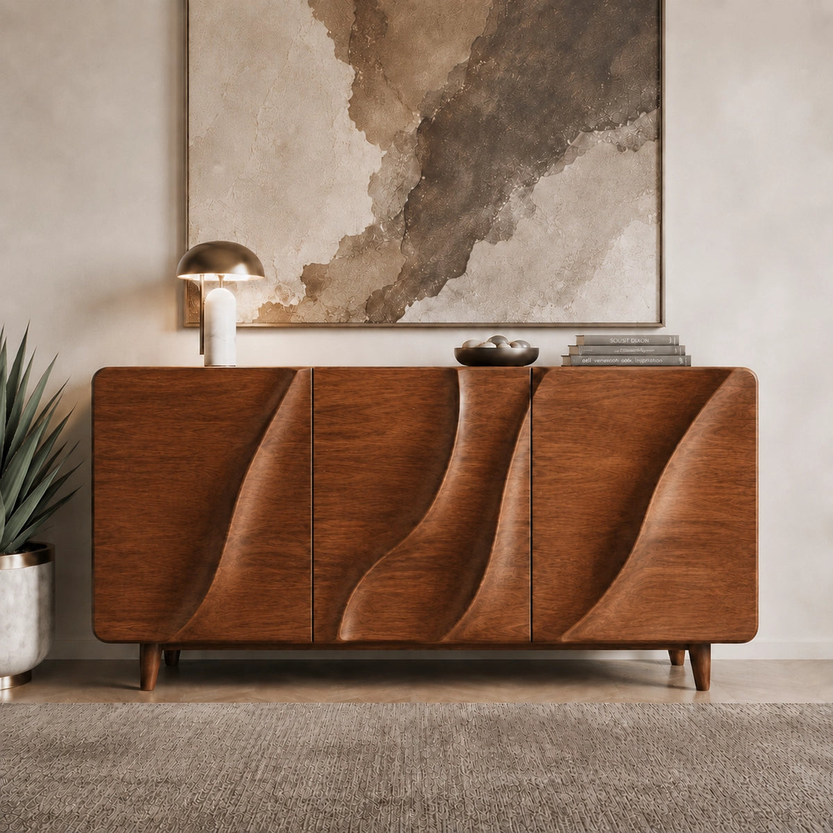 Sideboard with Wave-Carved Doors in Natural Solid Wood for Dining - Woodenecho - 5