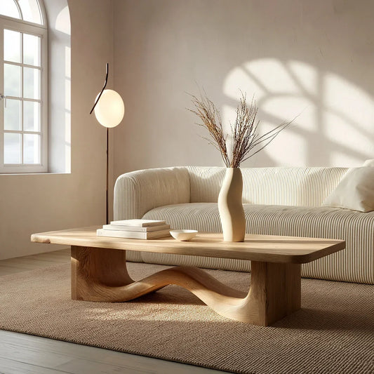 Modern Solid Oak Wood Coffee Table | Sculptural Wave Base Minimalist Living Room Table