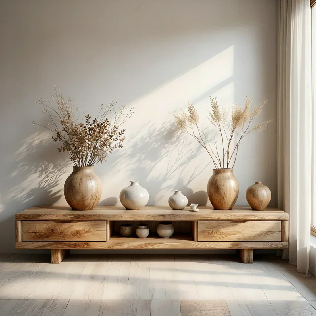 Low Solid Wood Japandi TV Stand – Minimal Zen Media Console