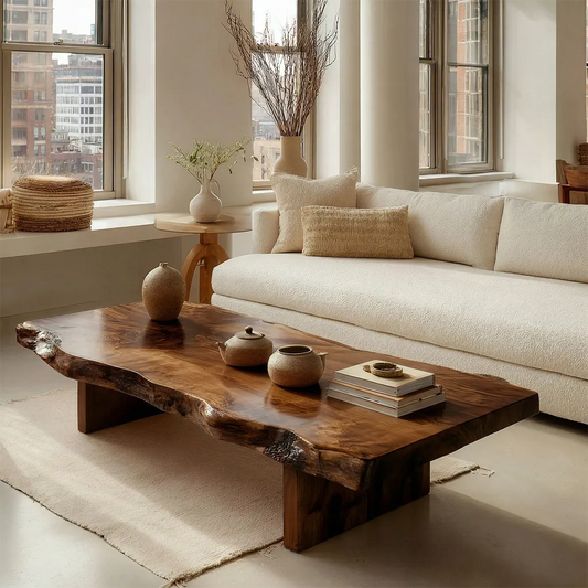 Premium Live Edge Coffee Table with Low Pedestal Base in Natural Solid Wood