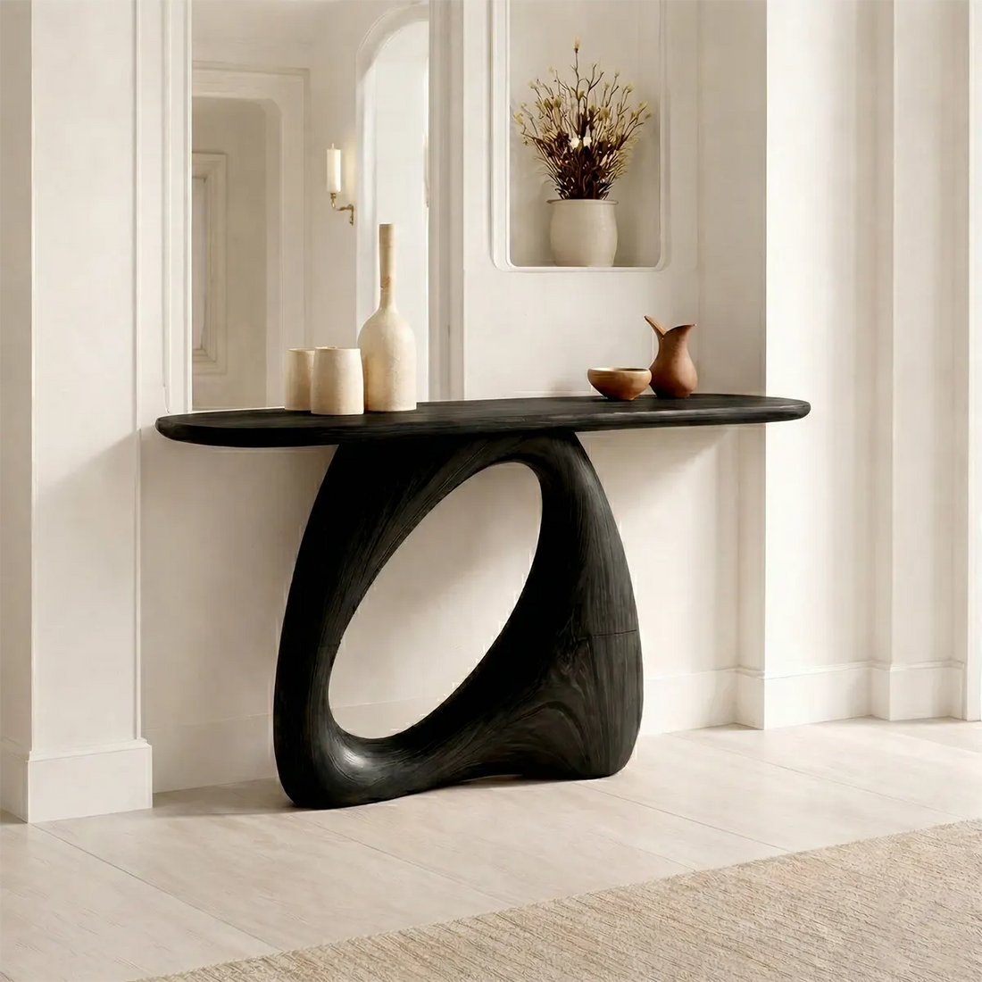 Sculptural Solid Wood Console Table with Organic Modern Entryway Design