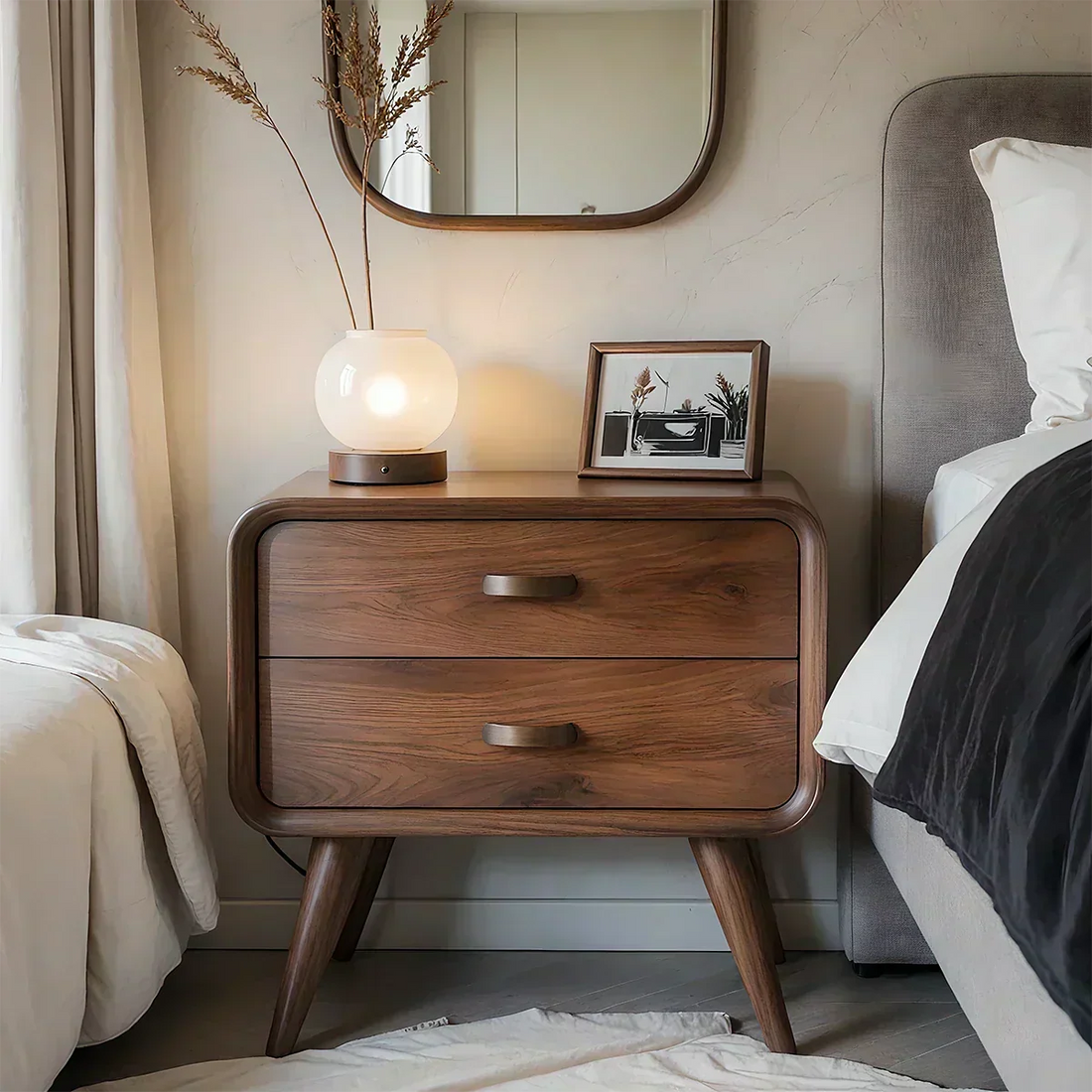 Solid Wood Mid-Century Nightstand with Two Drawers