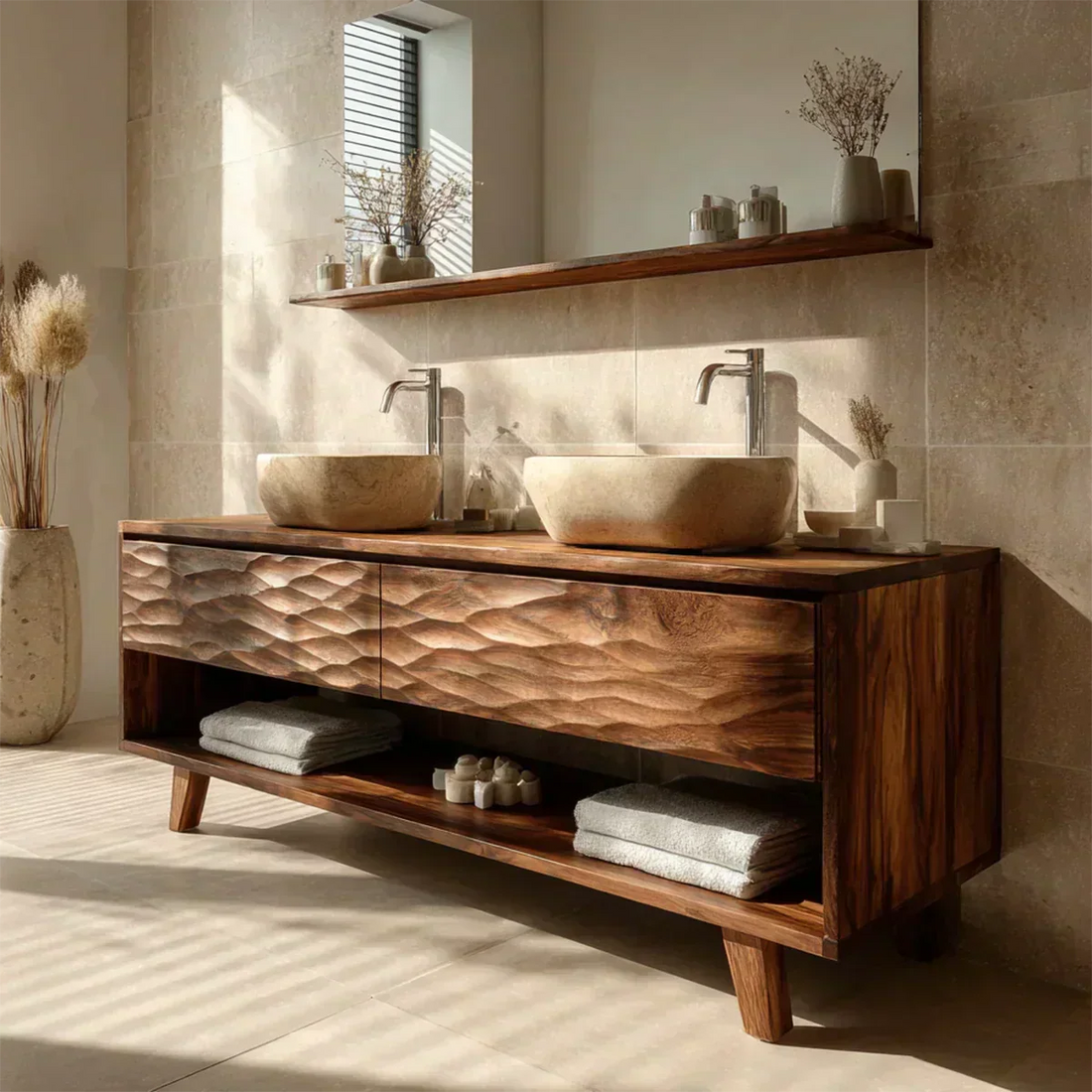 Traditional Solid Wood Bathroom Vanity – Hand Carved Natural Wood Vanity Cabinet