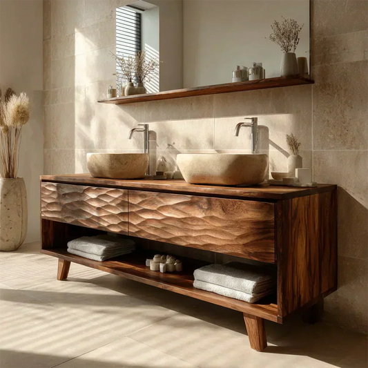 Traditional Solid Wood Bathroom Vanity – Hand Carved Natural Wood Vanity Cabinet