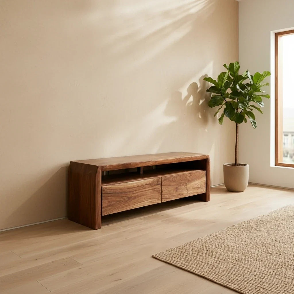 Dark Wood TV Stands: What a Black Screen Does to the Whole Wall