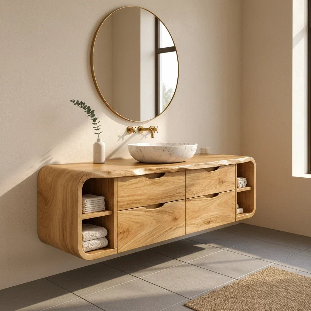 Light Oak Floating Vanities: Not a Sharp Corner in a Hard Room