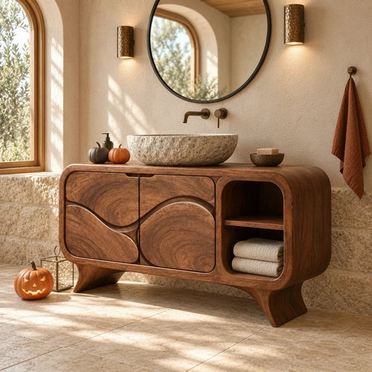 Moody Halloween Bathroom Ideas: Carved Wood Vanities in Low Light