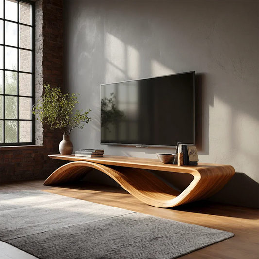 Sculptural Wave Natural Solid Wood TV Stand with Open Base Design