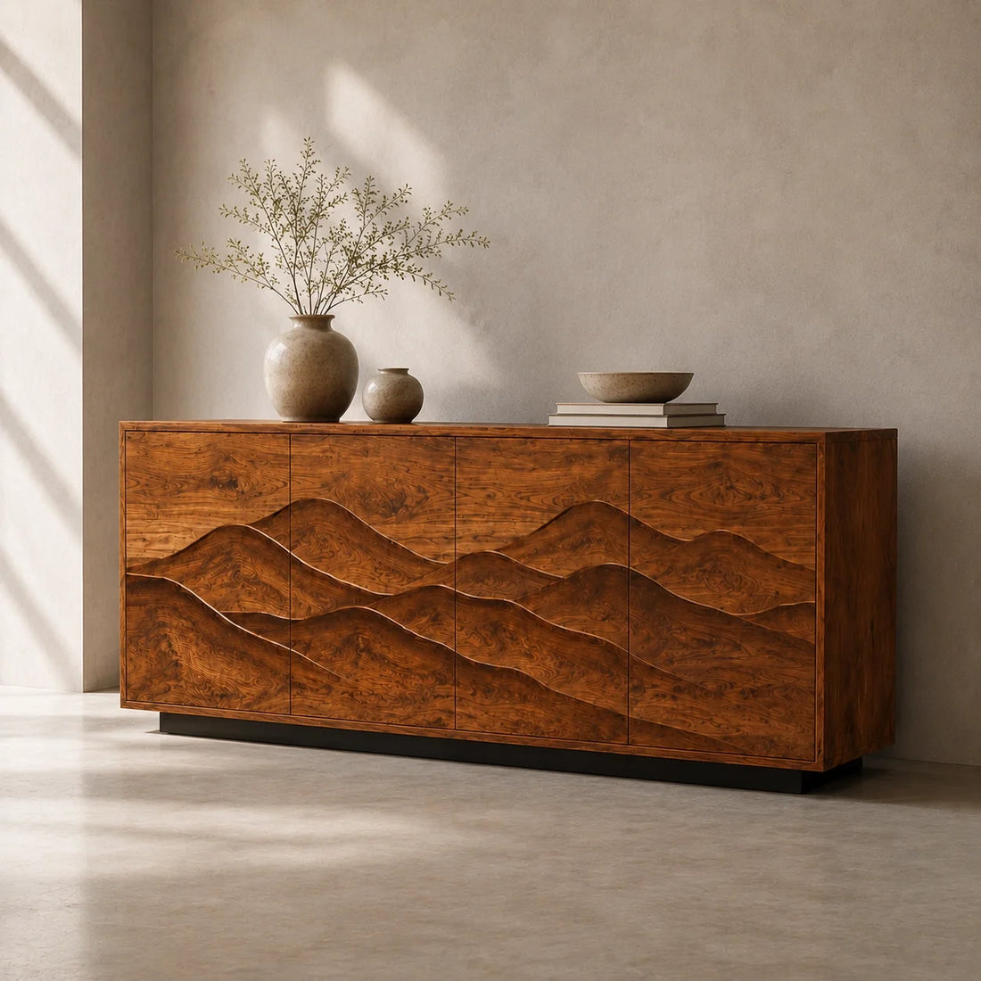 Sideboard with Wave-Carved Cabinet Doors in Natural Solid Wood Design