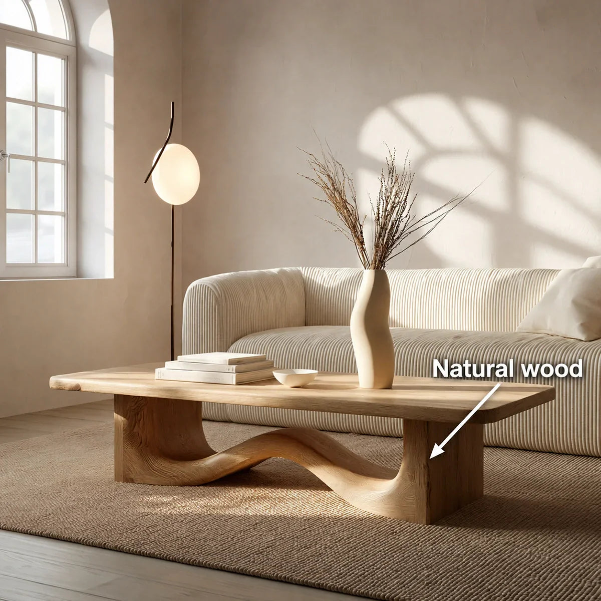 Modern Solid Oak Wood Coffee Table | Sculptural Wave Base Minimalist Living Room Table