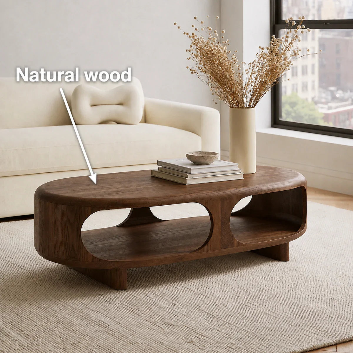 Modern Solid Walnut Wood Coffee Table with Open Storage Shelf | Minimalist Oval Living Room Center Table