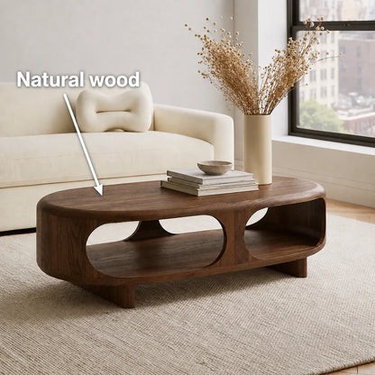 Modern Solid Walnut Wood Coffee Table with Open Storage Shelf | Minimalist Oval Living Room Center Table