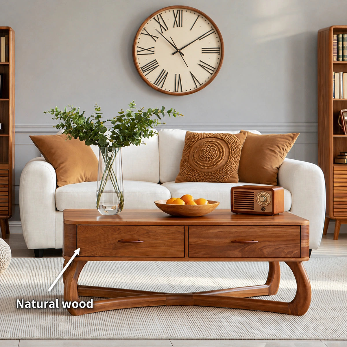 Mid-Century Modern Solid Wood Coffee Table with 2 Drawers | Walnut Living Room Center Table