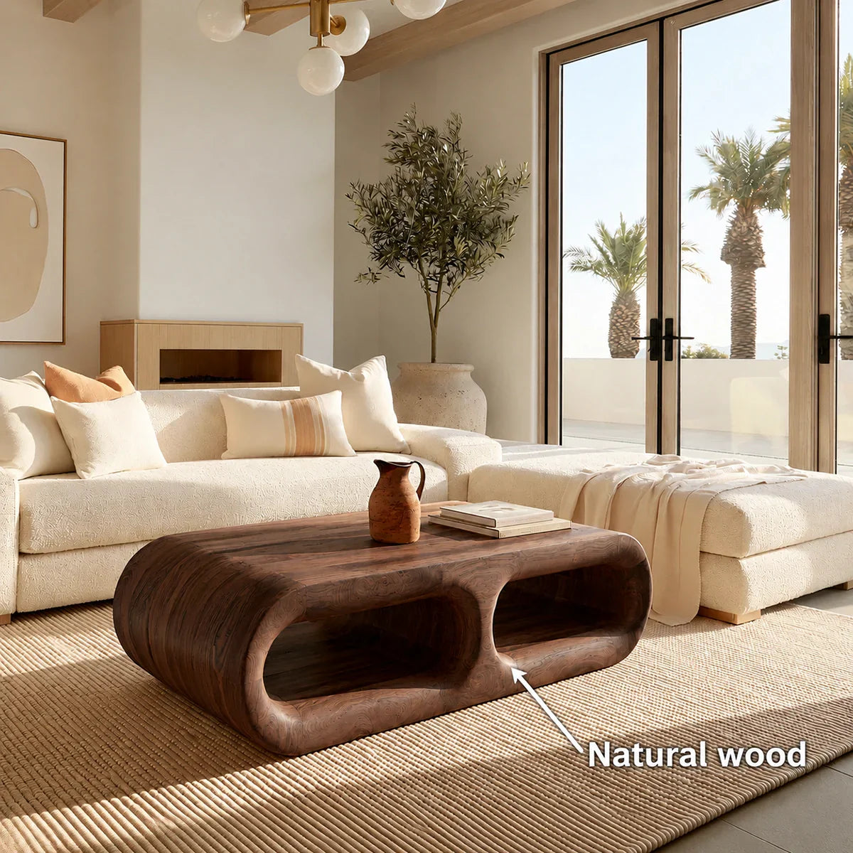 Modern Solid Walnut Coffee Table with Open Storage | Curved Minimalist Living Room Table