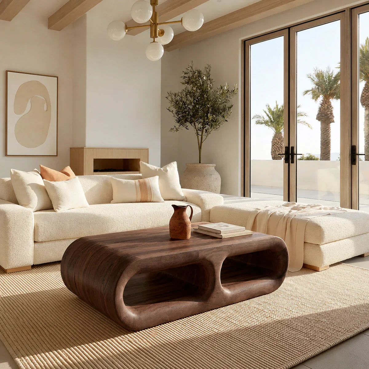 Modern Solid Walnut Coffee Table with Open Storage | Curved Minimalist Living Room Table