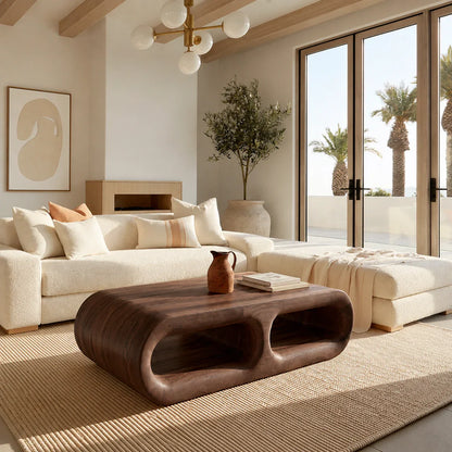 Modern Solid Walnut Coffee Table with Open Storage | Curved Minimalist Living Room Table