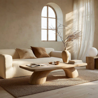 Modern Solid Oak Coffee Table | Sculptural Pedestal Base Minimalist Living Room Table