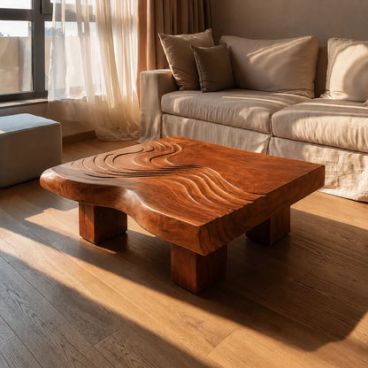 Handcrafted Solid Walnut Coffee Table | Sculpted Wood Grain Modern Square Coffee Table