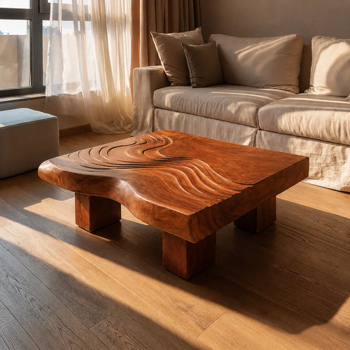 Handcrafted Solid Walnut Coffee Table | Sculpted Wood Grain Modern Square Coffee Table
