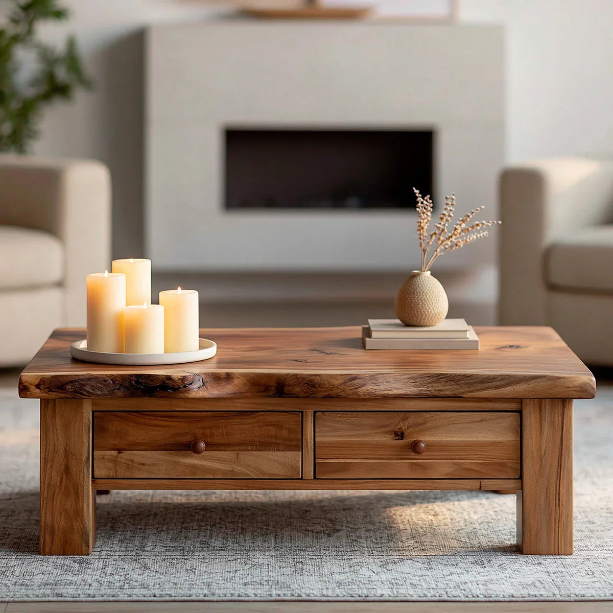 Modern Solid Wood Coffee Table with Storage Drawers | Rustic Farmhouse Center Table