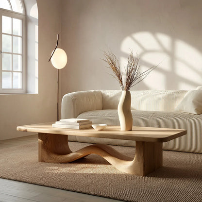 Modern Solid Oak Wood Coffee Table | Sculptural Wave Base Minimalist Living Room Table