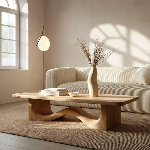 Modern Solid Oak Wood Coffee Table | Sculptural Wave Base Minimalist Living Room Table