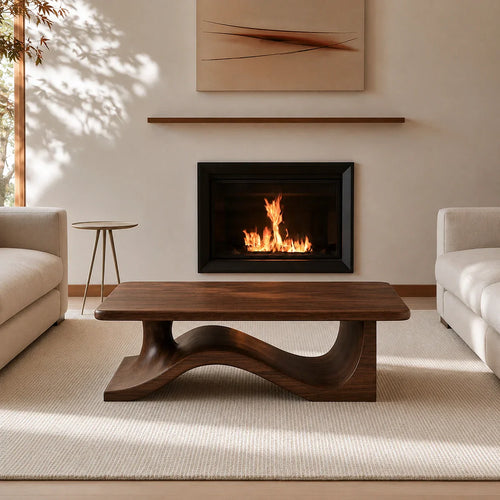 Modern Solid Walnut Coffee Table | Sculptural Wave Base Minimalist Living Room Table