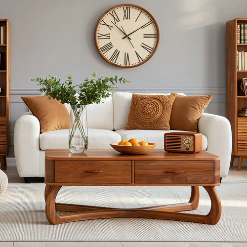 Mid-Century Modern Solid Wood Coffee Table with 2 Drawers | Walnut Living Room Center Table