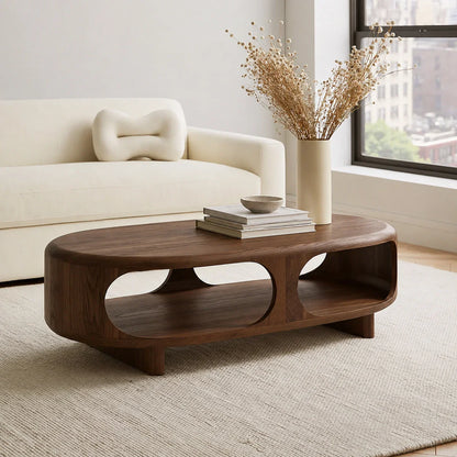 Modern Solid Walnut Wood Coffee Table with Open Storage Shelf | Minimalist Oval Living Room Center Table