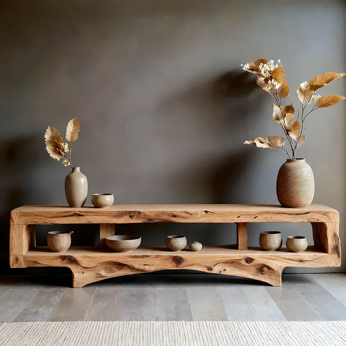 Solid Wood Wabi Sabi TV Stand – Natural Finish Living Room Media Console
