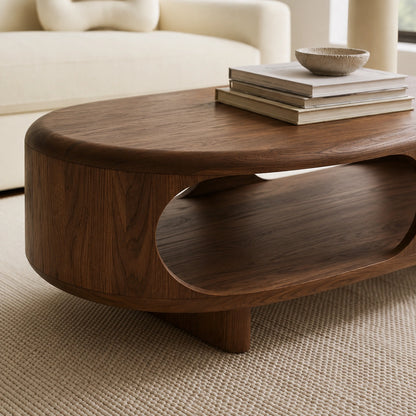 Modern Solid Walnut Wood Coffee Table with Open Storage Shelf | Minimalist Oval Living Room Center Table