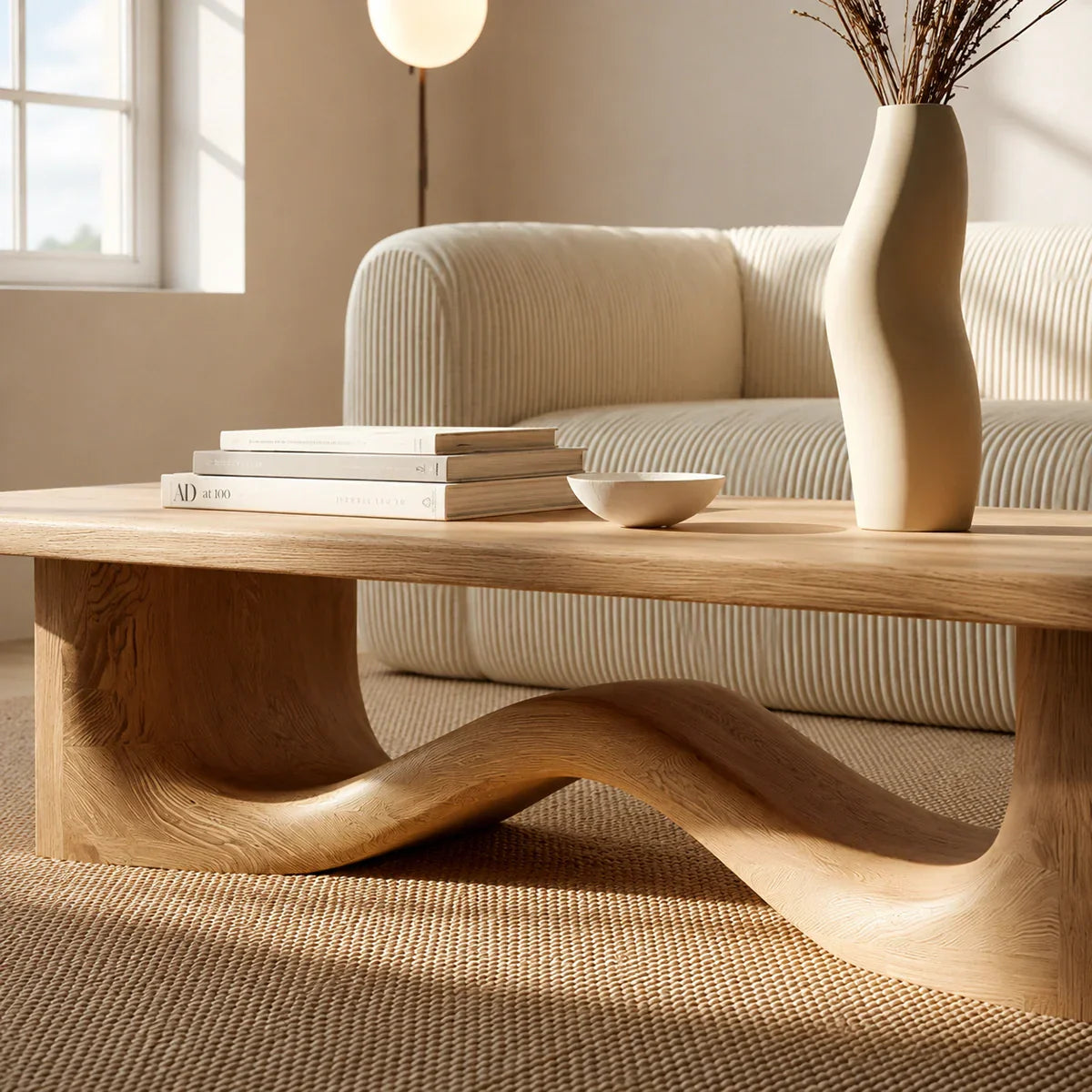 Modern Solid Oak Wood Coffee Table | Sculptural Wave Base Minimalist Living Room Table