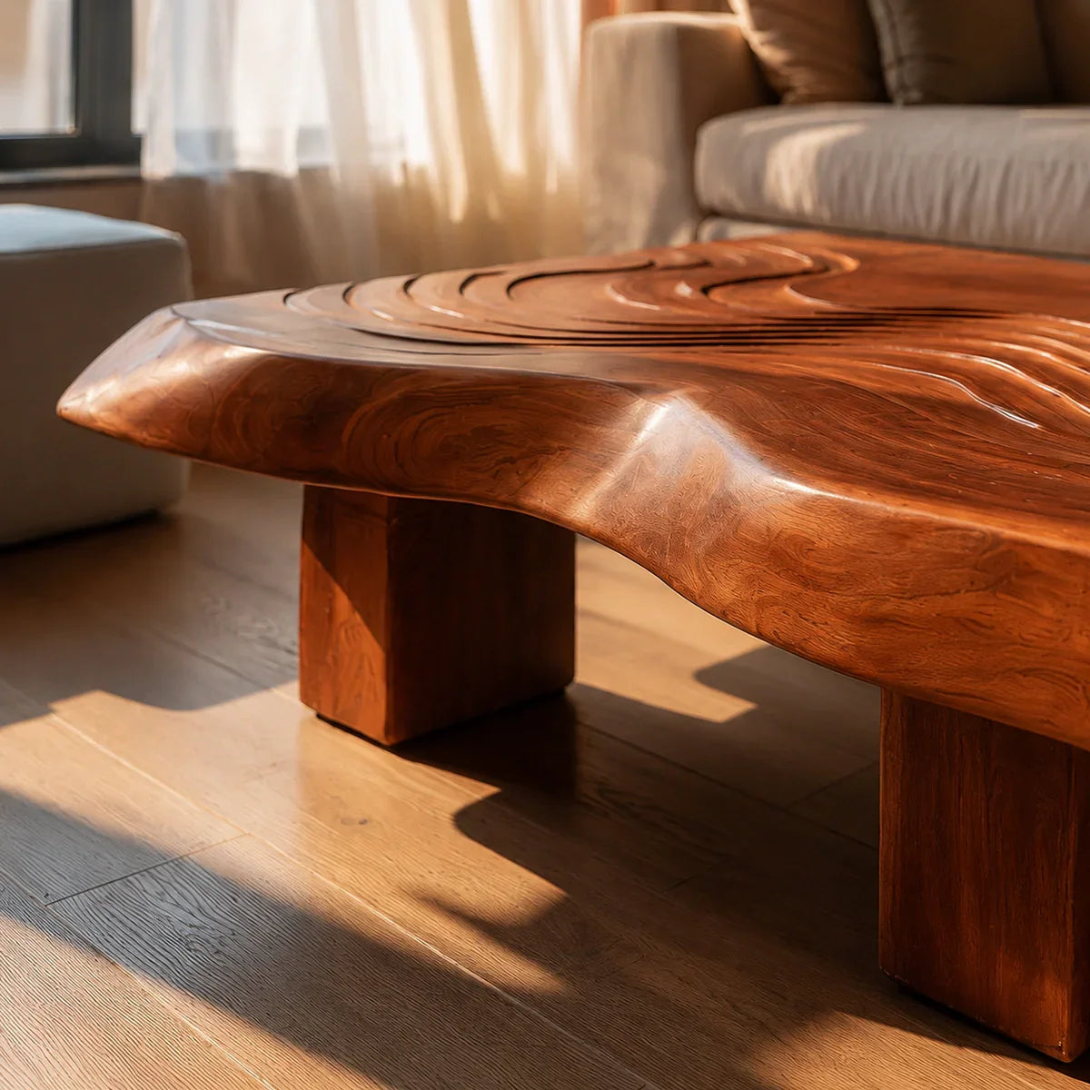 Handcrafted Solid Walnut Coffee Table | Sculpted Wood Grain Modern Square Coffee Table